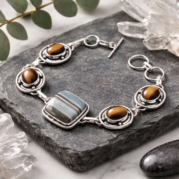 NKULTD Jewelry - 925 Silver Handcrafted Botswana Agate Tigers Eye Gemstone Toggle Boho Bracelet